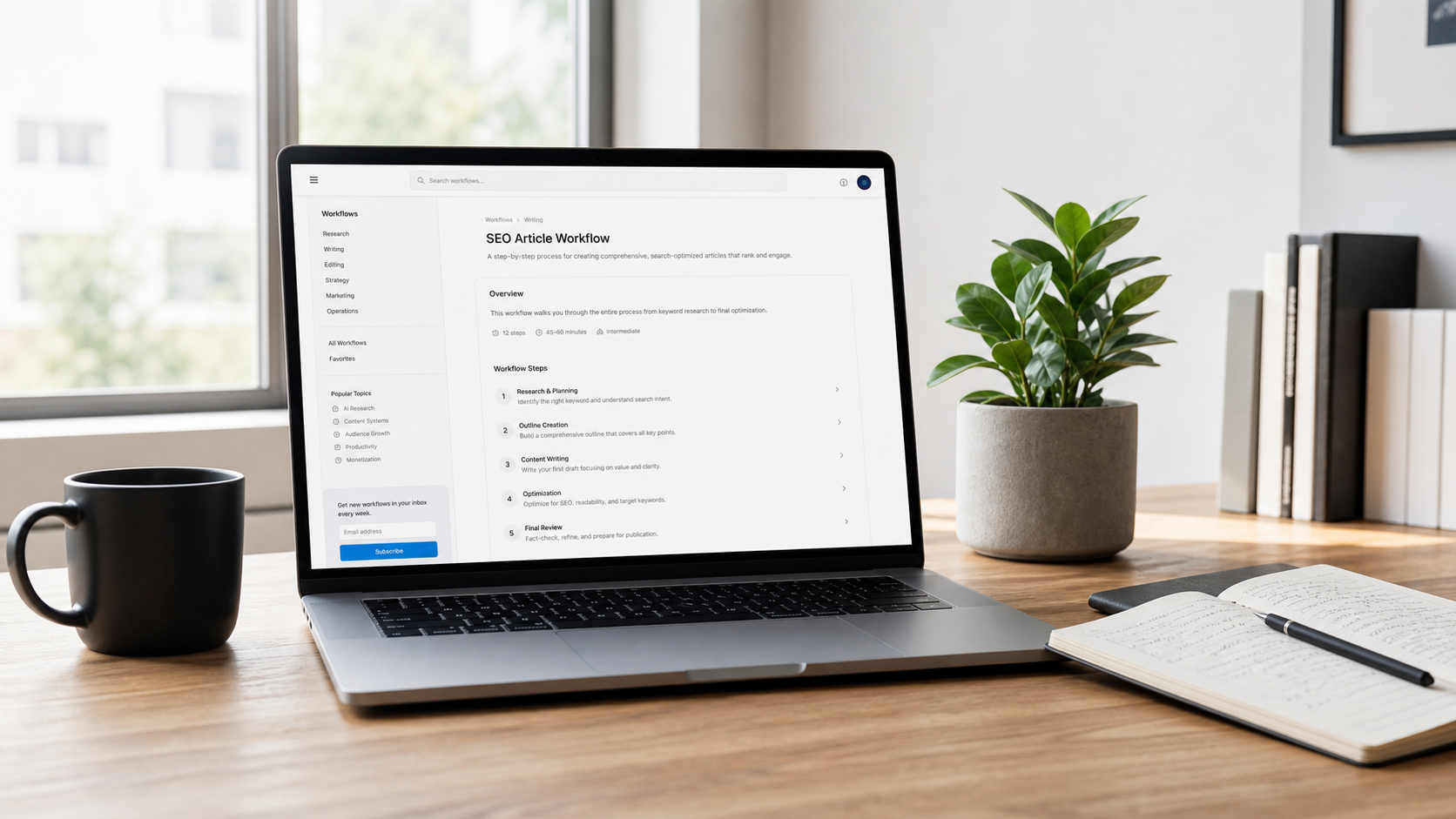 Laptop on a bright desk showing an AI workflow document.